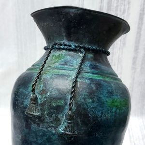 Vintage Vase | Blue Green Vase 12.5" Tall Hammered with Tassel Design